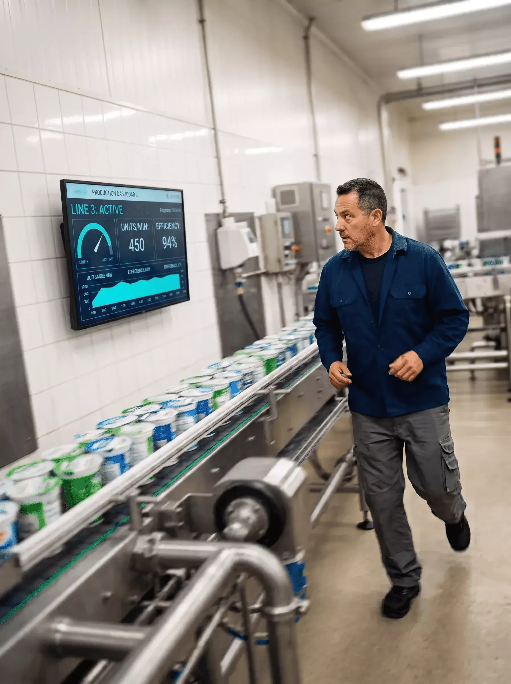 Operator reviewing live production data in a modern food processing facility